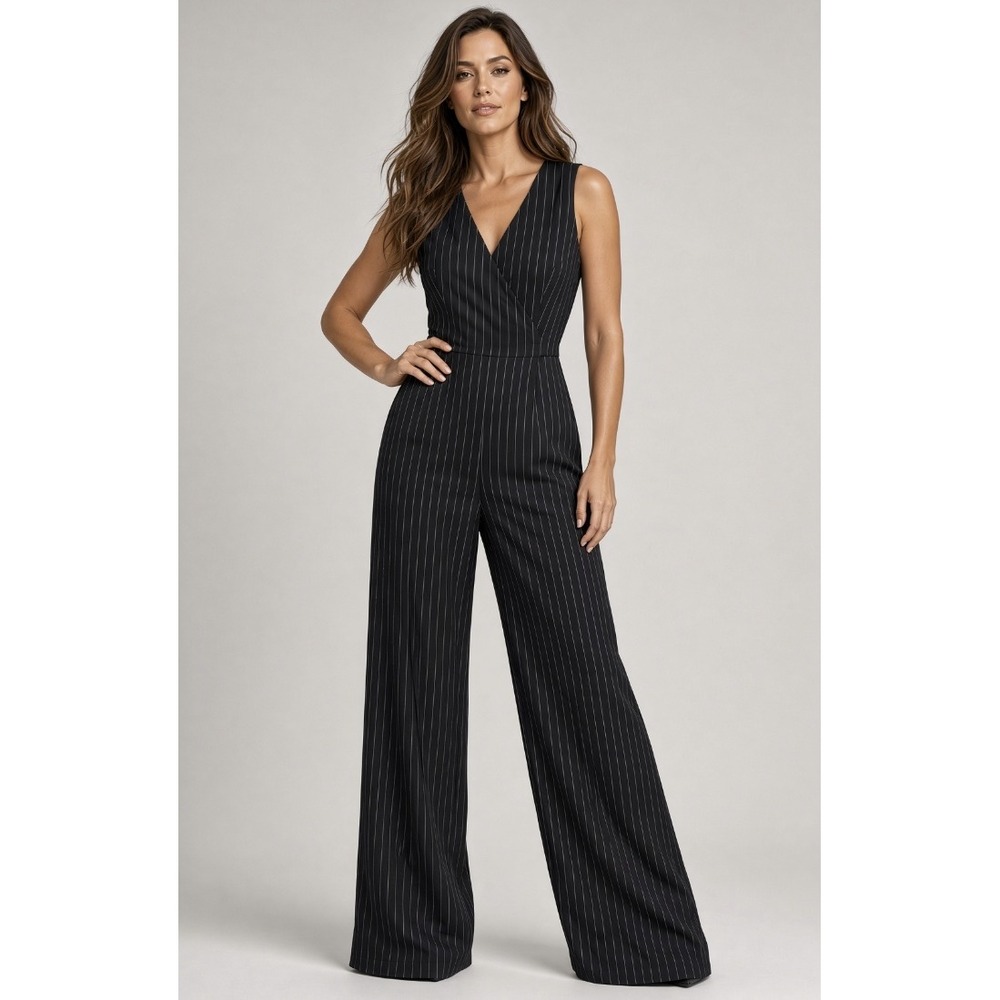 Lauren Ralph Lauren Pinstripe Wide Leg Sleeveless Jumpsuit Black White Size 6